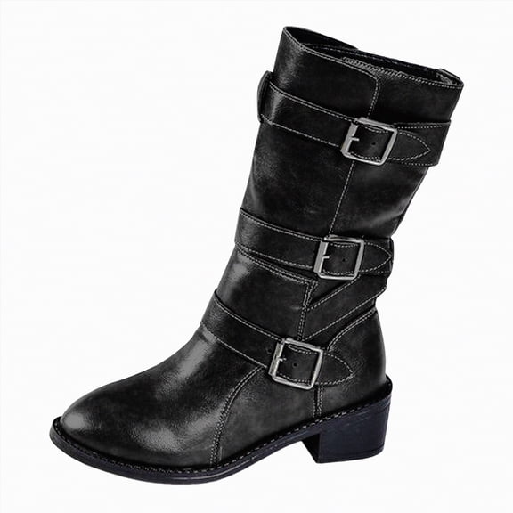 UngA Women Boots Pull On Chunky Block Low Heel Round Toe Campus Boot Comfortable Casual Mid-Calf Boots for Women Black,Size 9