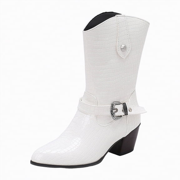 UngA Women Boots Round Toe Buckle with Side Zip Slouch Flat to Low Heel Boots for Women Mid Calf White,Size 7