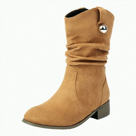 UngA Women Boots Slip-On Suede Boots Lace Up with Side Pom Round Toe Shoes Chunky Fall Winter Warm Mid-Calf Boots for Women Brown,Size 9.5