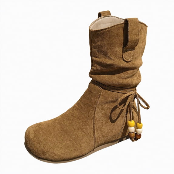 UngA Women Boots Slouch Flat Boots Suede Low Heel Comfort Casual Boots Vintage Round Toe Fall Booties with Side Zip Boots Women Mid Calf Brown,Size 6.5