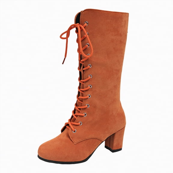UngA Women Boots Suede Casual Boots Slouchy Stacked Flat Boots with Zipper Closure for Autumn, Trendy and Versatile Fashion Boots Women Mid Calf Orange,Size 7