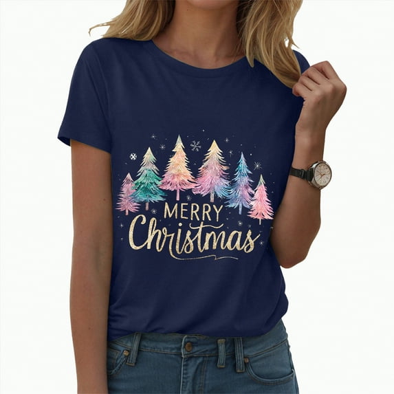UngA Women Christmas Shirt Funny Xmas Tee Cute Holiday Graphic Short Sleeve Tops Christmas Tshirts Shirts for Women Navy,XL