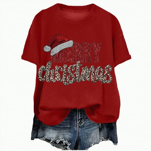 UngA Women Christmas Shirt Merry Christmas Printed T-Shirts Short Sleeve Holiday Tee Xmas Gift Tops Christmas Tshirts Women Red,XXL