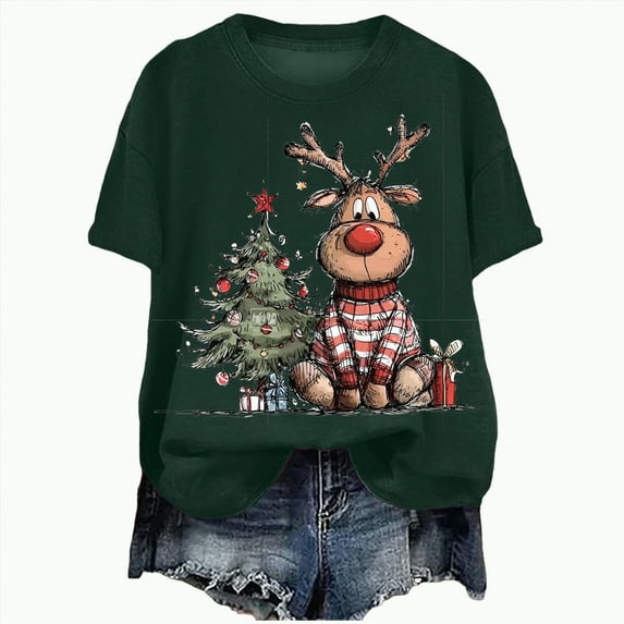 UngA Women Christmas Shirt Santa Holiday Merry and Bright Christmas Short Sleeve Tops Xmas Light Graphic Print Christmas T Shirts for Women Dark Green,S