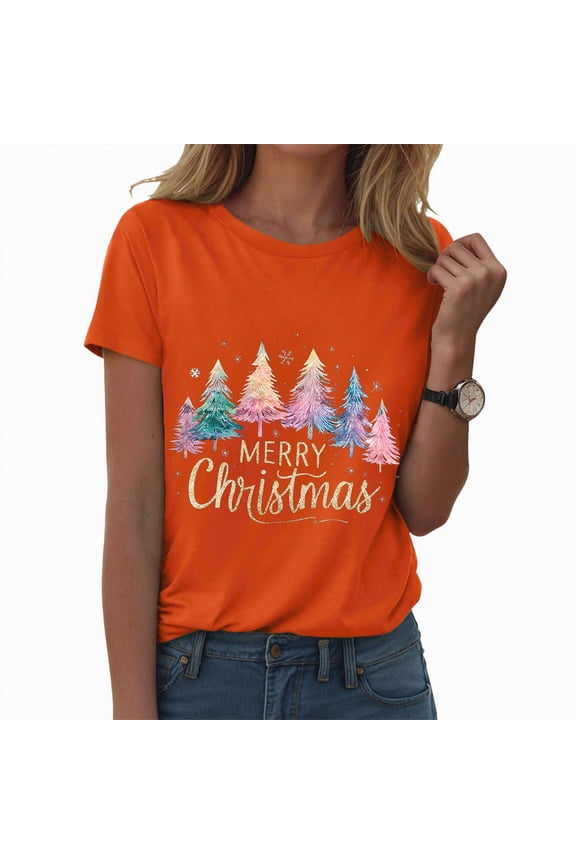 Women Christmas Shirts Merry and Bright T-Shirts Christmas Tree Shirts Merry Christmas Funny Graphic Tee Tops Christmas Tshirts Shirts for Women (Orange,S)