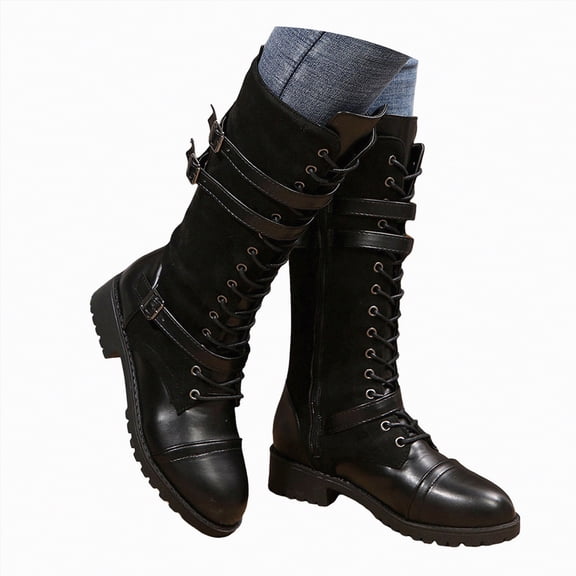 UngA Women Combat Boots Lace Up Boots Low Heel Ankle Booties Winter Boots Women Black,Size 6.5