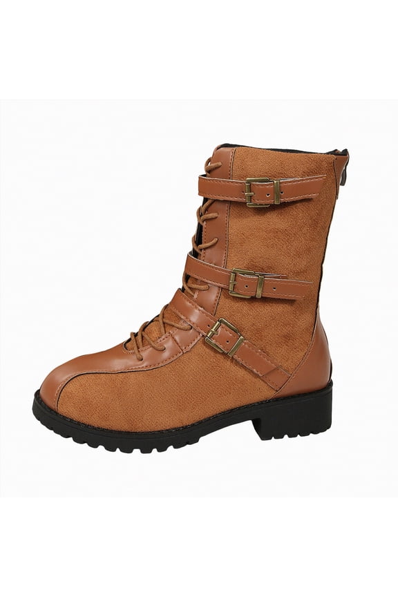 Women Combat Boots Lace-Up Military Style Mid-Calf Boots with Side Zipper Faux Leather Round Toe Fall Winter Womans Boots Yellow,Size 9.5