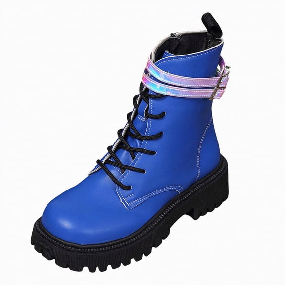 UngA Women Combat Boots Lace up Mid Calf Boots Low Heel Chunky Platform Riding Boots Lug Sole Boots Women Blue,Size 9