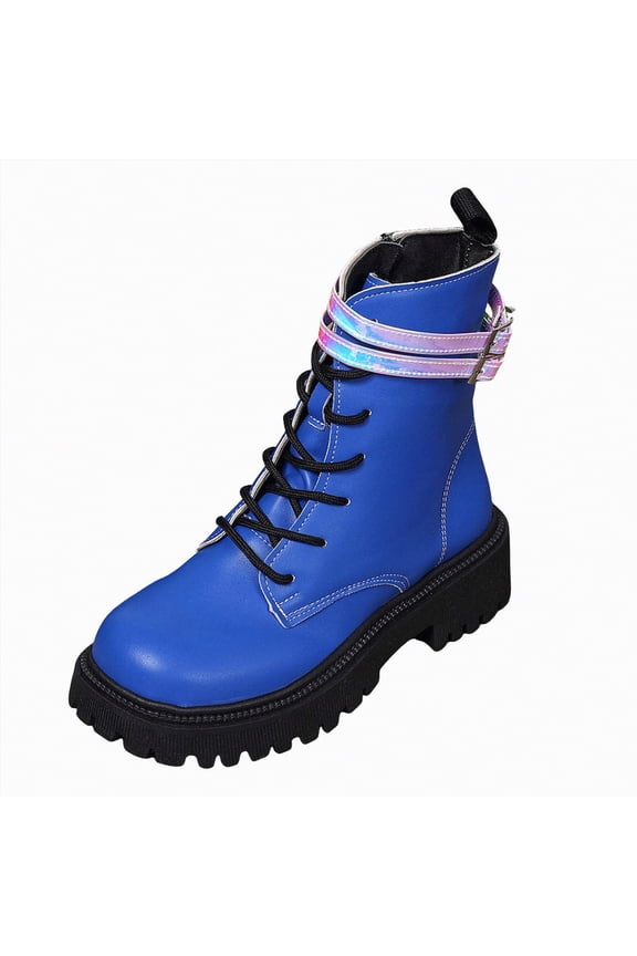 Women Combat Boots Lace up Mid Calf Boots Low Heel Chunky Platform Riding Boots Lug Sole Boots Women Blue,Size 9