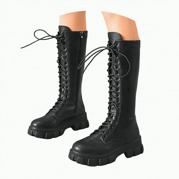 UngA Women Combat Boots Lace up Mid Calf Boots Low Heel Chunky Platform Riding Boots Lug Sole Women's Boots Black,Size 8