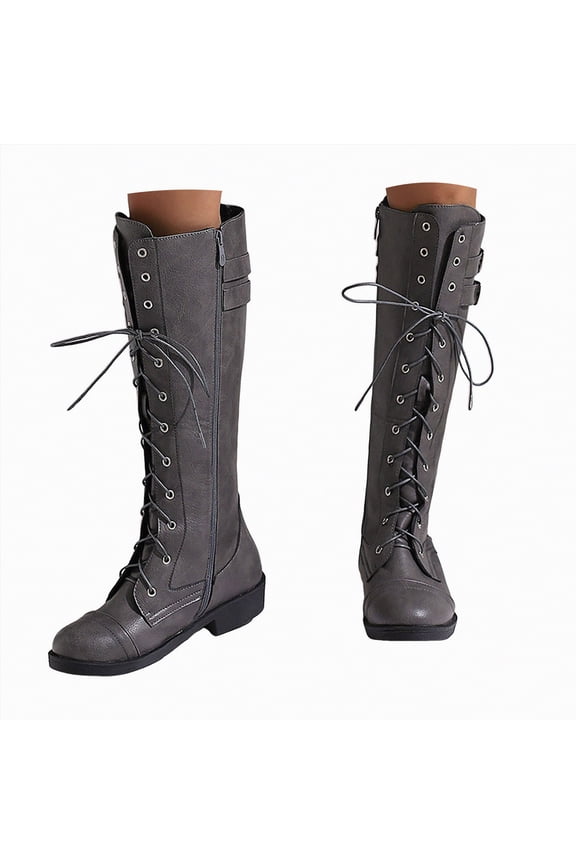Women Combat Boots Lace up Mid Calf Boots Low Heel Chunky Platform Riding Boots Lug Sole Womens Boot Grey,Size 7