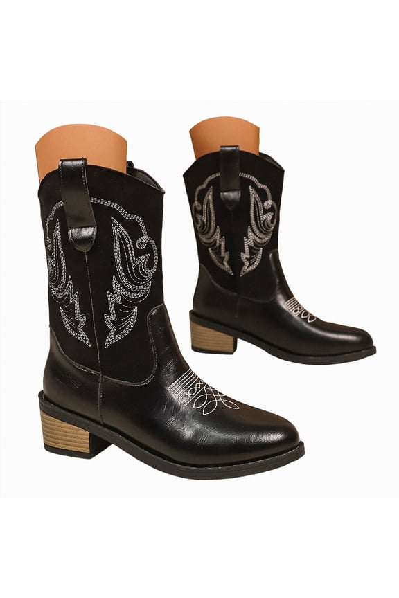 Women Cowboy Boots Fashion Western Cowgirl Boots Country Concert Disco Outfits Low Heel Walking Boots For Ladies Black,Size 7.5