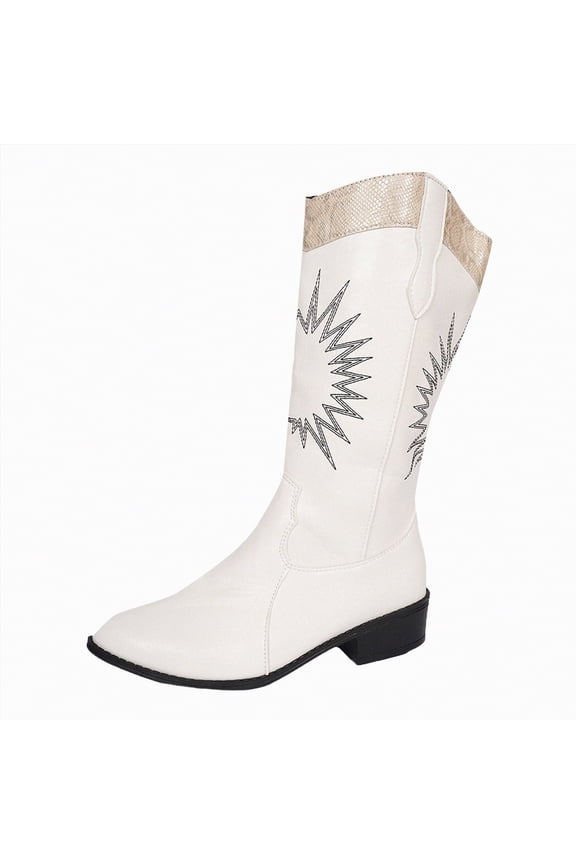 Women Cowboy Boots Mid Calf Cowgirl Boots Embroidery Stitched Western Boots White,Size 7