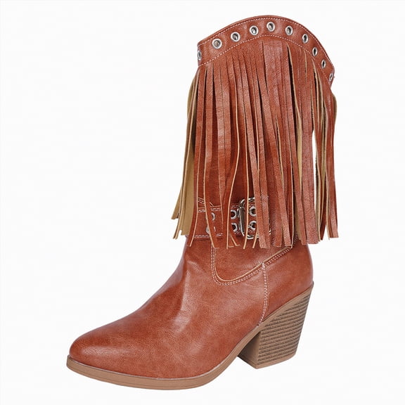 UngA Women Cowboy Boots Pointy Toe Women's Fringe Western Boots Cowgirl Boots Mid Calf Boots with Tassel Brown,Size 6