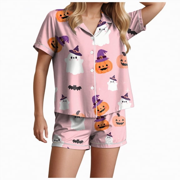 UngA Women Halloween Pajamas Funny Graphic Pajamas for Women Set Button Down Short Sleeve Top and Shorts Pjs Sets Sleepwear Pink,2XL