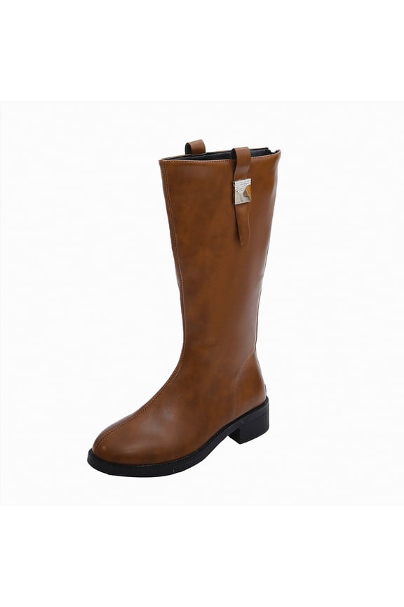 Women Mid Calf Boots Chunky Low Heel Riding Booties Motorcycle Biker Round Toe Fashion Buckle Western Booties Trendy Stylish Boots Womens Brown,Size 7