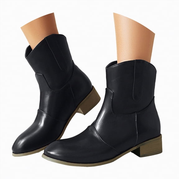 UngA Women Mid Calf Boots Round Toe Buckle with Side Zip Slouch Flat to Low Heel Boots Women Black,Size 6