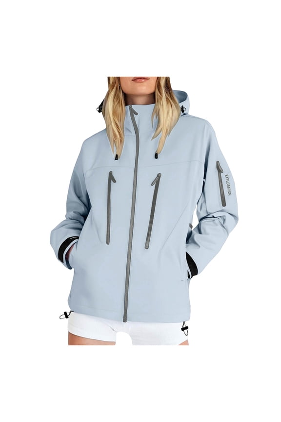 Women Rain Jacket Women's Ligtweight Jackets Anorak Utility Drawstring Waist Hoodie Zip Up Fall Casual Coat with Pockets Light Blue,L