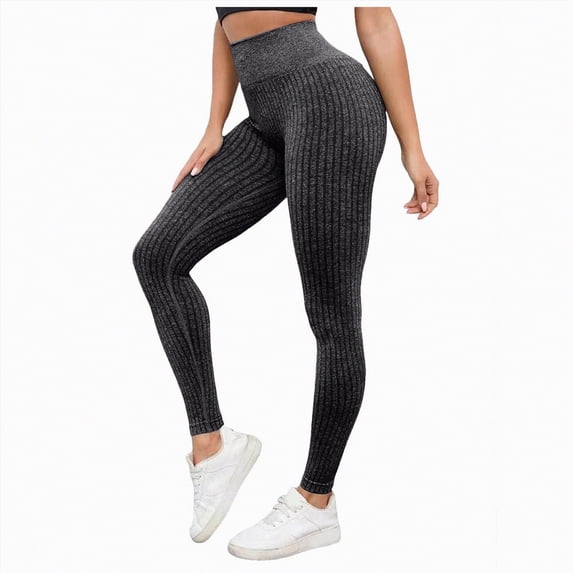 UngA Women Ribbed Knit Sports Yoga Leggings, Seamless High Waist Tummy Control Skinny Pants Scrunch Butt Lift Workout Leggings for Women Grey,L