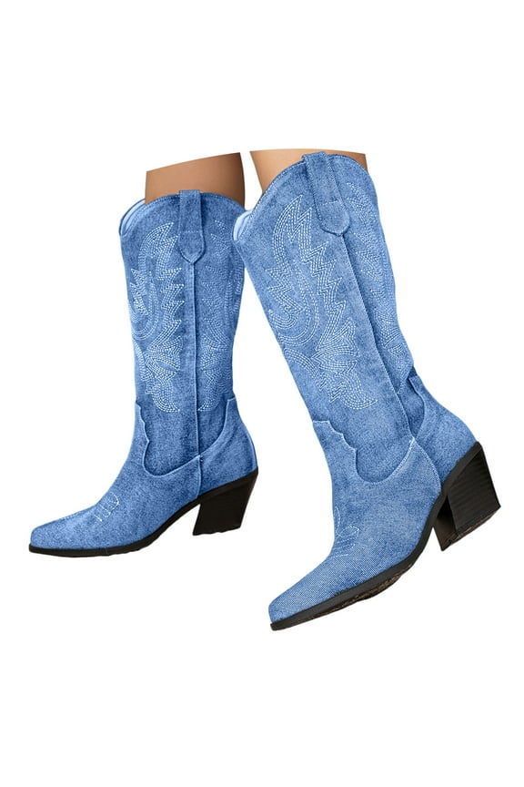 Women'S Cowboy Boots Women's Mid Calf Boot Low Heel Comfort Slouchy Bootie Blue,7