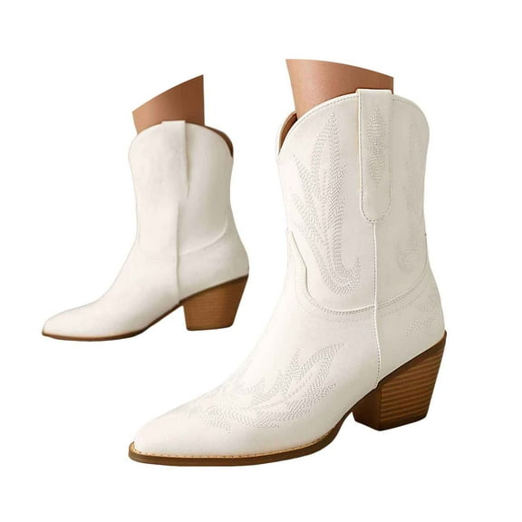 UngA Women'S Mid-Calf Boots Cowboy Boots for Women, Mid Calf Cowgirl Boots with Embroidery Round Toe Western Chunky Low Heel Shoes Beige,7