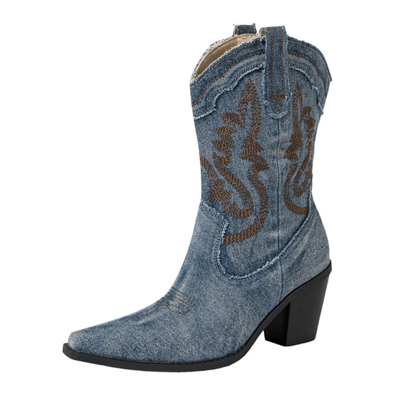 UngA Women'S Winter Booties Cowboy Boots for Women Mid Calf Cowgirl Boots with Embroidery Round Toe Western Chunky Low Heel Shoes Blue,9