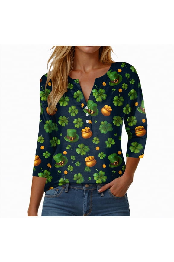 Women St Patricks Day Shirt Shamrock Graphic Tee Lucky Clover 3/4 Sleeve Top Holiday Casual T-Shirt,Size XXL