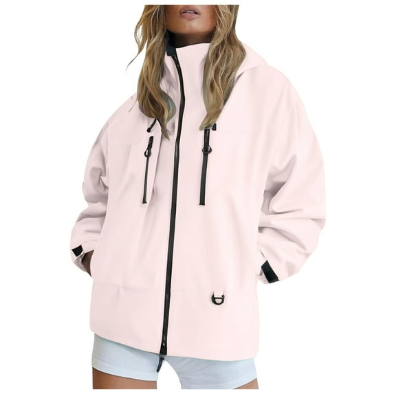 UngA Women Windbreaker Jacket Women's Plus Size Waterproof Raincoat Lightweight Windbreaker Hooded Jacket with Pockets Pink,2XL