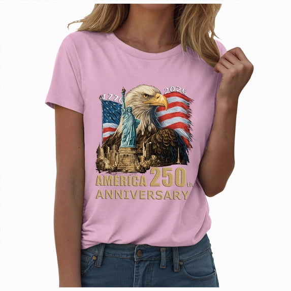 UngA Women's 250Th America Anniversary Casual Printed Crew Neck T-Shirt Faith Freedom 250 Years Shirts for Women L,Pink