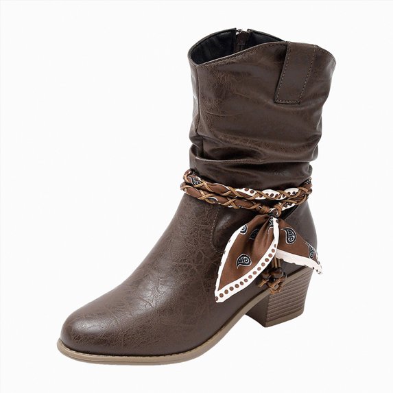 UngA Women's Boots Mid Calf Chunky Low Heel Riding Booties Motorcycle Biker Round Toe Fashion Buckle Western Booties Trendy Stylish Boot for Women Coffee,Size 8