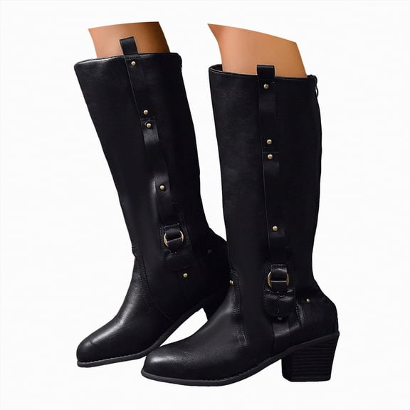 UngA Women's Boots Mid Calf Fold Over Slouchy Boots Chunky Heels Square Toe Pull On Booties Stacked Pleated Boots for Woman Black,Size 8.5