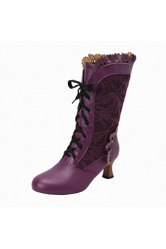 Women's Boots Mid Calf Middle-Heels Bandage Solid Color Round Toe All Season Boot for Women Purple,Size 6.5