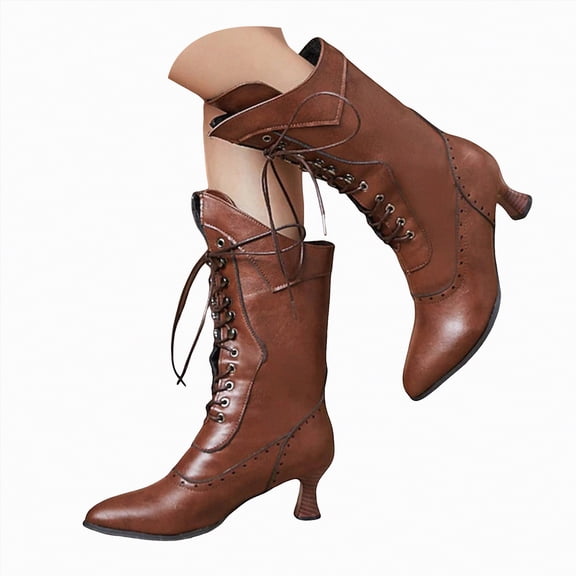 UngA Women's Boots Mid Calf Middle-Heels Bandage Solid Color Round Toe All Season Boots Womens Brown,Size 9