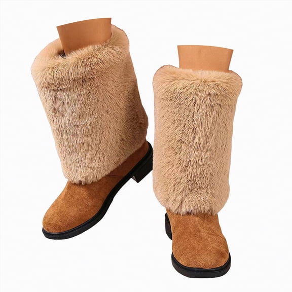 UngA Women's Boots Platform Mid Calf Fold Over Plush Snow Boot Round Toe Flat Fashion Anti-Slip Warm Winter Boots for Women Brown,Size 7