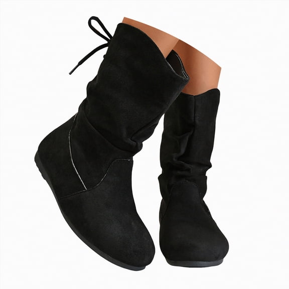 UngA Women’s Boots Round Toe Low Heel Comfort Slouchy Bootie with Side Zipper Buckle Strap Boots for Women Mid Calf Black,Size 6.5