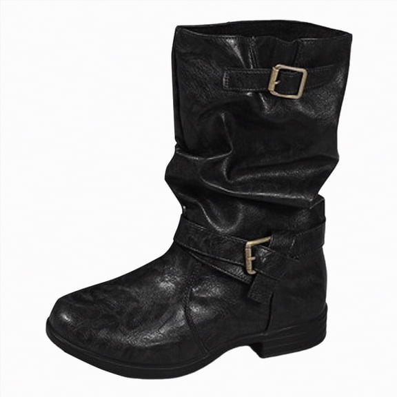 UngA Women's Boots Slouchy Boots Wide Calf Combat Platform Boots Chunky Heel Punk Goth Riding Boots Women Mid Calf Black,Size 7