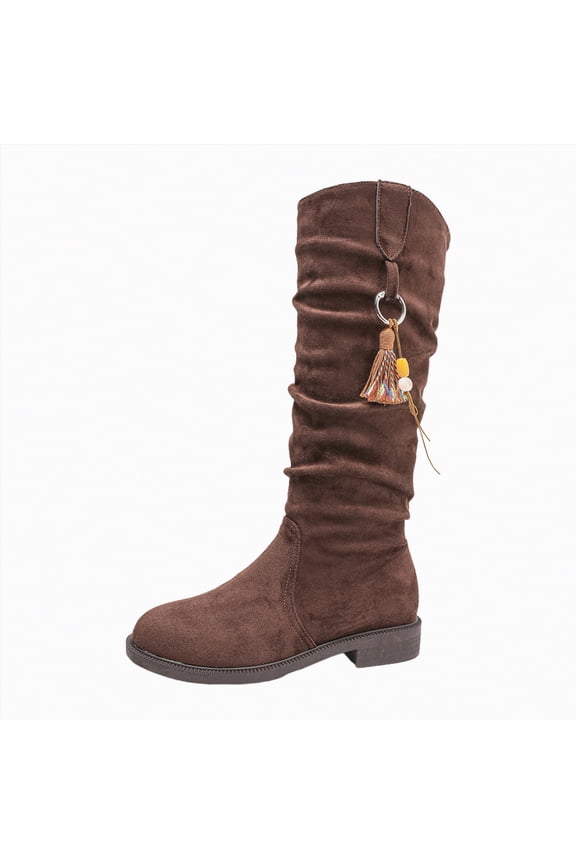 Women's Boots Suede Casual Boots Slouchy Stacked Flat Boots with Zipper Closure for Autumn, Trendy and Versatile Fashion Boots Women Mid Calf Brown,Size 6.5