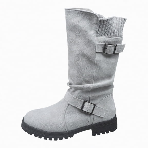 UngA Women's Boots Wide Calf Flat Faux Suede Boots for Women Cowboy Slouch Stacked Bootie Side Zipper Round Toe Winter Flats Mid Calf Boots Women Grey,Size 7.5