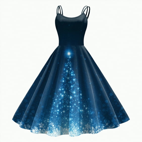 UngA Women’s Christmas Dress 1950s Vintage Sleeveless Spaghetti Strap Dress Xmas Printed Prom Womens Party Dress,Size XXL