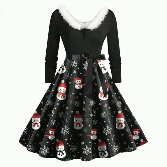 UngA Women’s Christmas Dress 2025 Winter Warm Plush V Neck Cute Printed Party Dresses with Belt Long Vintage Women's Cocktail Dresses,Size L