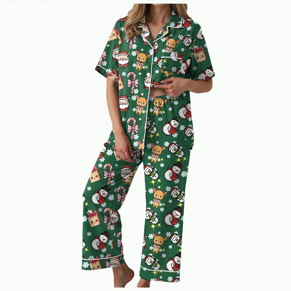 UngA Women's Christmas Pajamas 2 Piece Satin Pjs Soft Button Down Sleepwear Wide Leg Long Pants with Pockets Silk Christmas Pajamas for Women,Size S