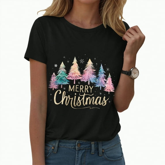 UngA Women's Christmas Shirts Crew Neck Shirt Funny Xmas Holiday Graphic Short Sleeve Tee Family Holiday Blouse Christmas Tshirts Women Black,L