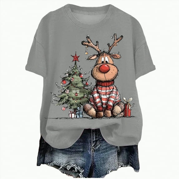 UngA Women's Christmas Shirts Graphic Tshirts Short Sleeve Funny Merry Xmas Holiday Print Tee Blouses Tops Christmas T Shirts for Women Grey,M