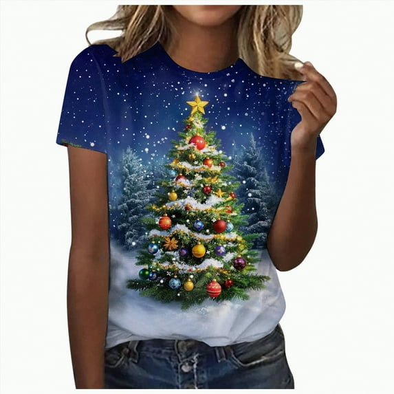 UngA Women's Christmas Shirts Merry Christmas Printed T-Shirts Short Sleeve Holiday Tee Xmas Gift Tops Christmas Tshirts Shirts for Women Dark Blue,XL