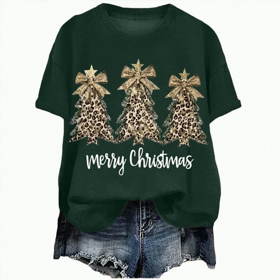 UngA Women's Christmas Shirts Merry Christmas T-Shirt Xmas Tree Casual Short Sleeve Tee Tops Christmas Tshirts Shirts for Women Dark Green,XL
