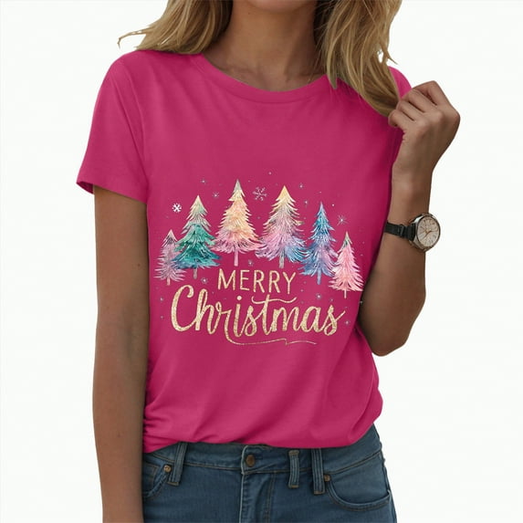 UngA Women's Christmas Shirts Merry and Bright Christmas Shirt Xmas Tree Graphic Holiday Tee Tops Christmas Tshirts Shirts for Women Hot Pink,XXXL