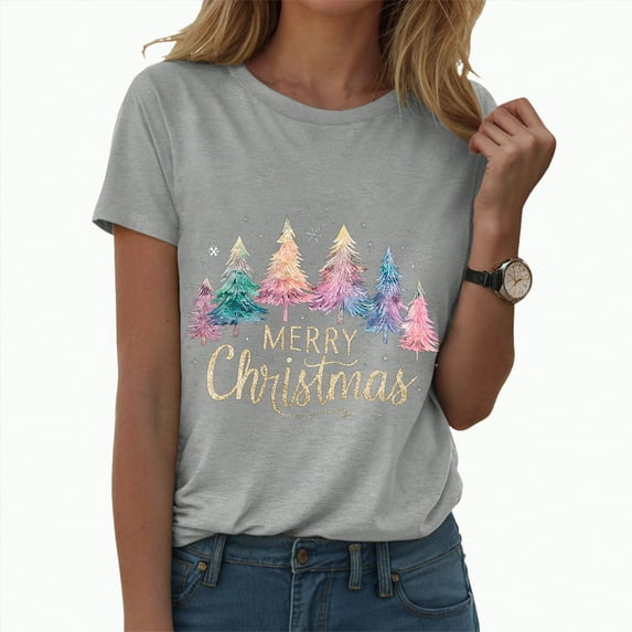 UngA Women's Christmas Shirts Merry and Bright Shirt Xmas Holiday Tshirt Christmas Lights Tee Tops Christmas T-Shirts for Women Light Gray,XXXL