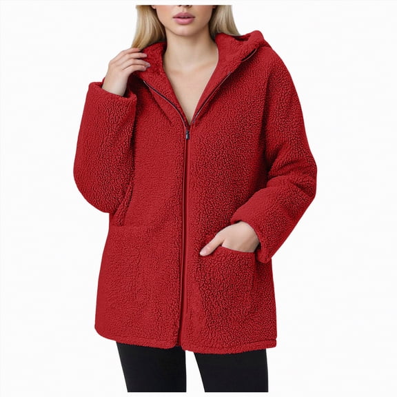 UngA Women's Coat Casual Fleece Shearling Zipper Coats Warm Winter Oversized Outwear Jackets Fleece Jacket Red,XXXL