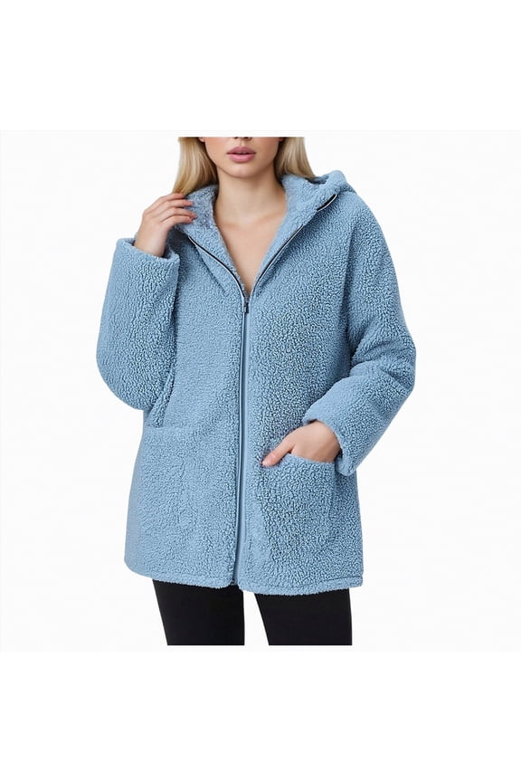 Women's Coat Casual Fleece Shearling Zipper Coats Warm Winter Oversized Outwear Jackets Women's Jackets Light Blue,XXL