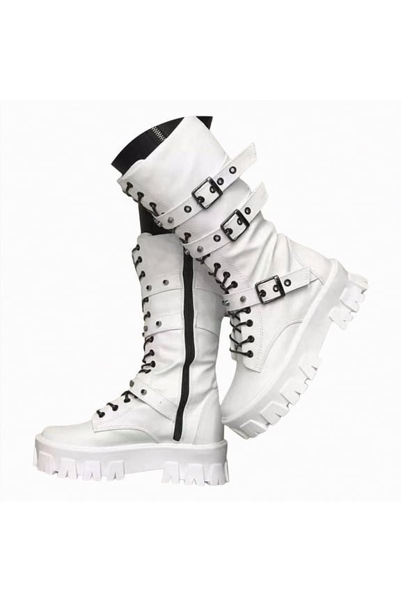 Women's Combat Boots Faux Leather Ankle Boot Lace-up Military Style Chunky Lug Sole Booties Motorcycle Boots Women White,Size 8